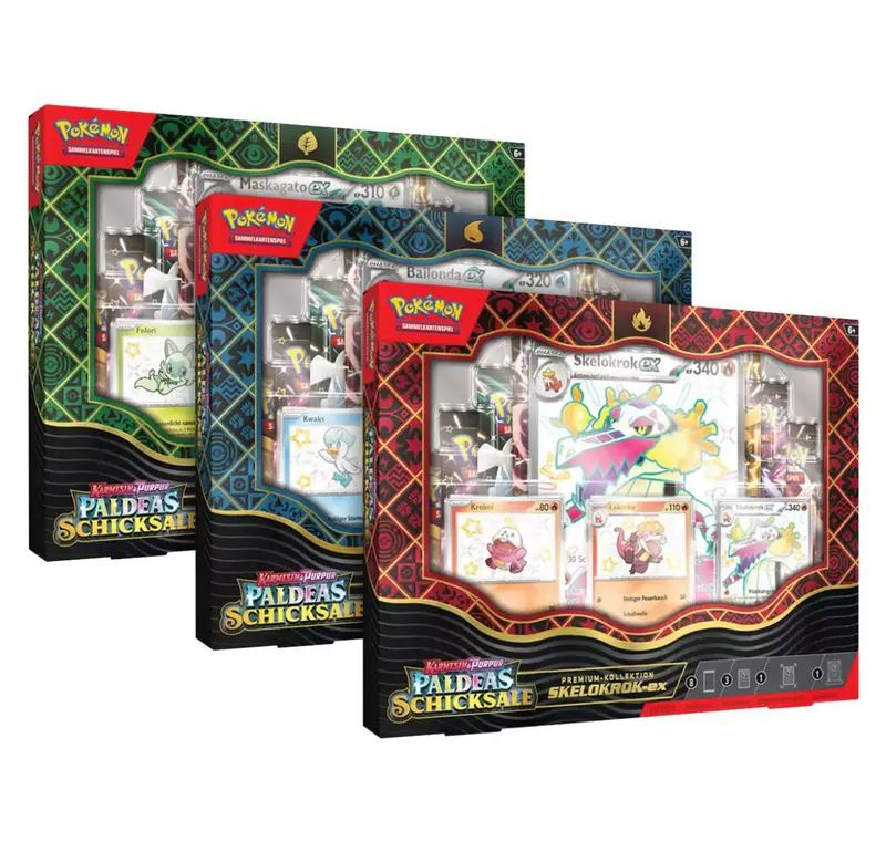 Pokémon - Karmesin & Purpur - Paldeas Schicksale Premium Kollektion - Bailonda ex, Maskagato ex & Skelokrok ex (deutsch)