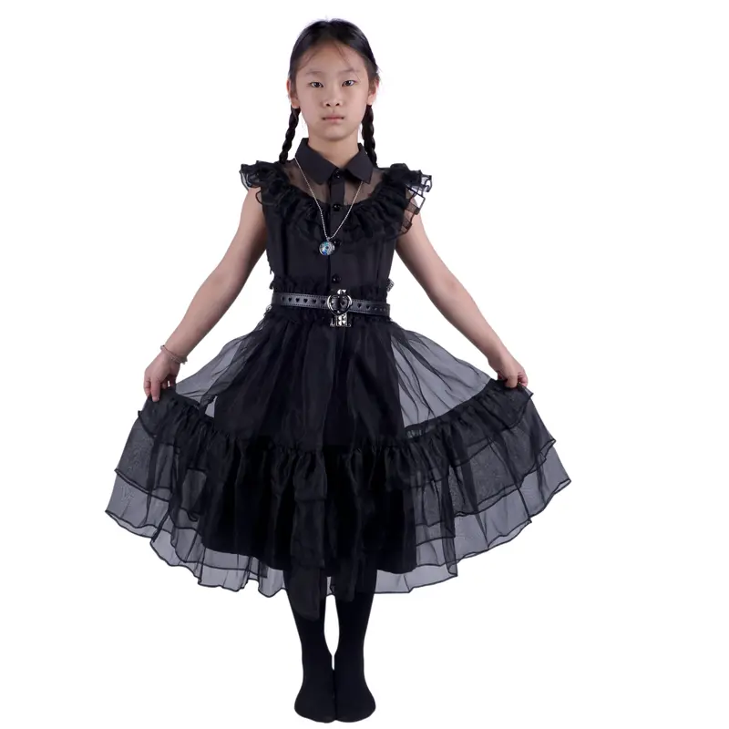 Wednesday Addams Ballkleid vom Rabentanz für Mädchen, Wednesday Kinder Kostüm, Inkl. Halskette, Größe